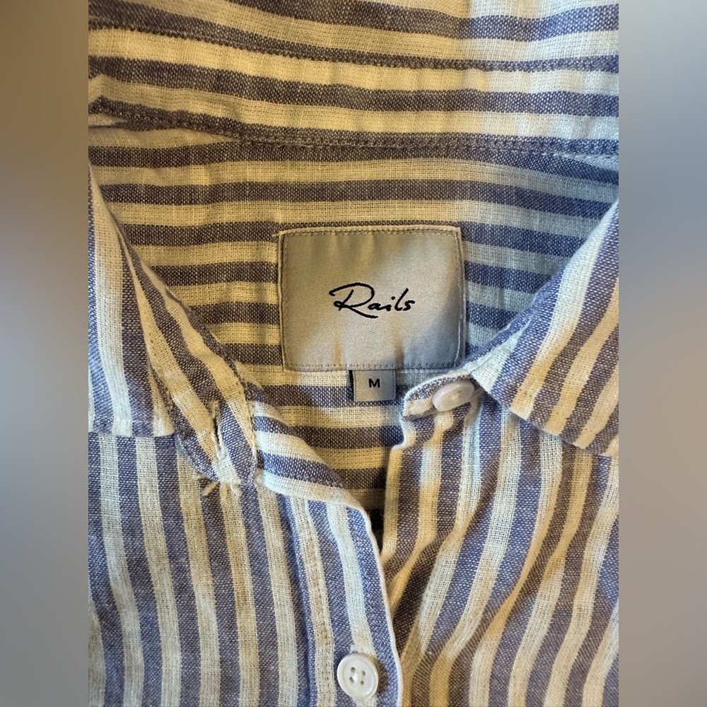 Rails Linen Blend Blue White Striped Embroidered Floral Cap-Sleeved Blouse, M - Picture 2 of 7